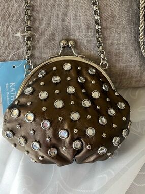 Kathy Van Zeeland Metallic Brown Crystal-Stud Kiss-Lock Clutch with Chain